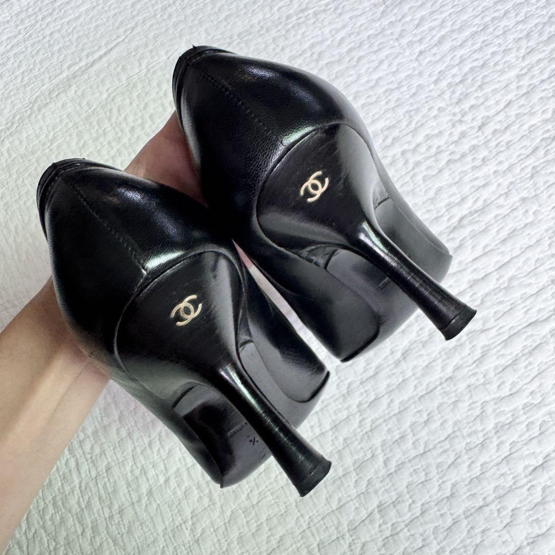 CHANEL Shoes Pumps Heel Cocomark EU 37.5 US 7.5 Leather Black Authentic
