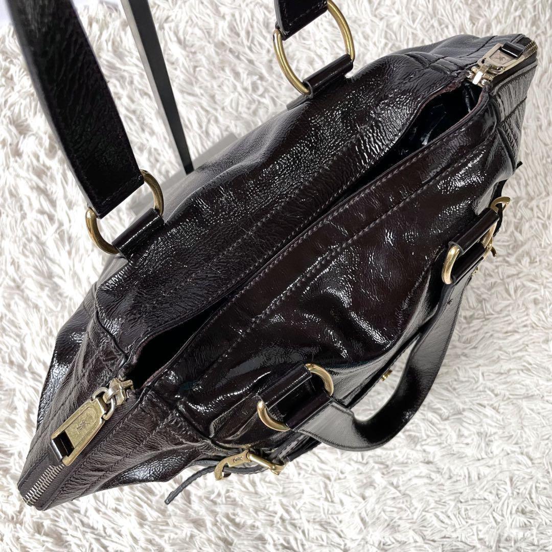 Saint Laurent Hand Bag Tote Purse Downtown Patent Leather Dark Brown Authentic