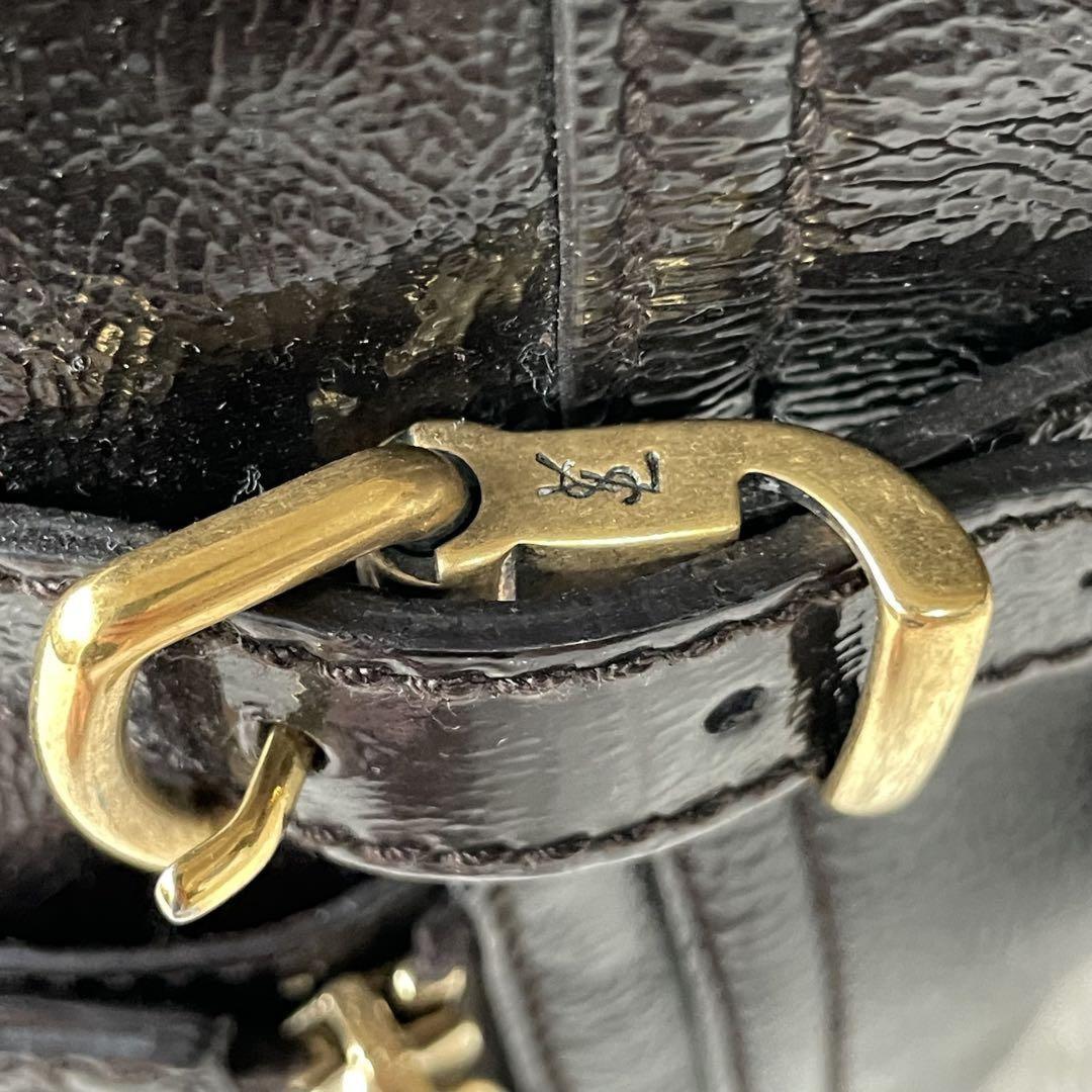 Saint Laurent Hand Bag Tote Purse Downtown Patent Leather Dark Brown Authentic