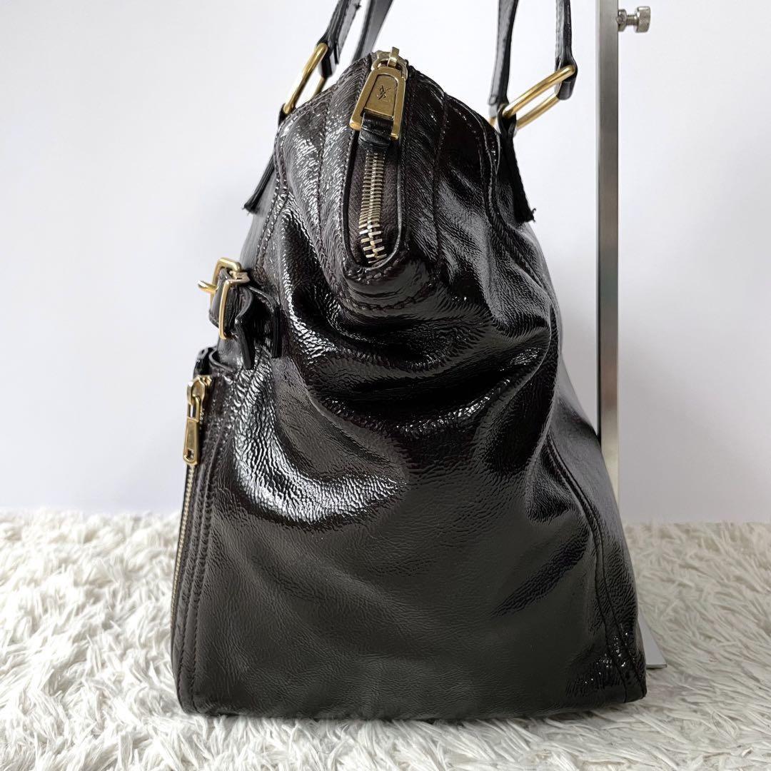 Saint Laurent Hand Bag Tote Purse Downtown Patent Leather Dark Brown Authentic