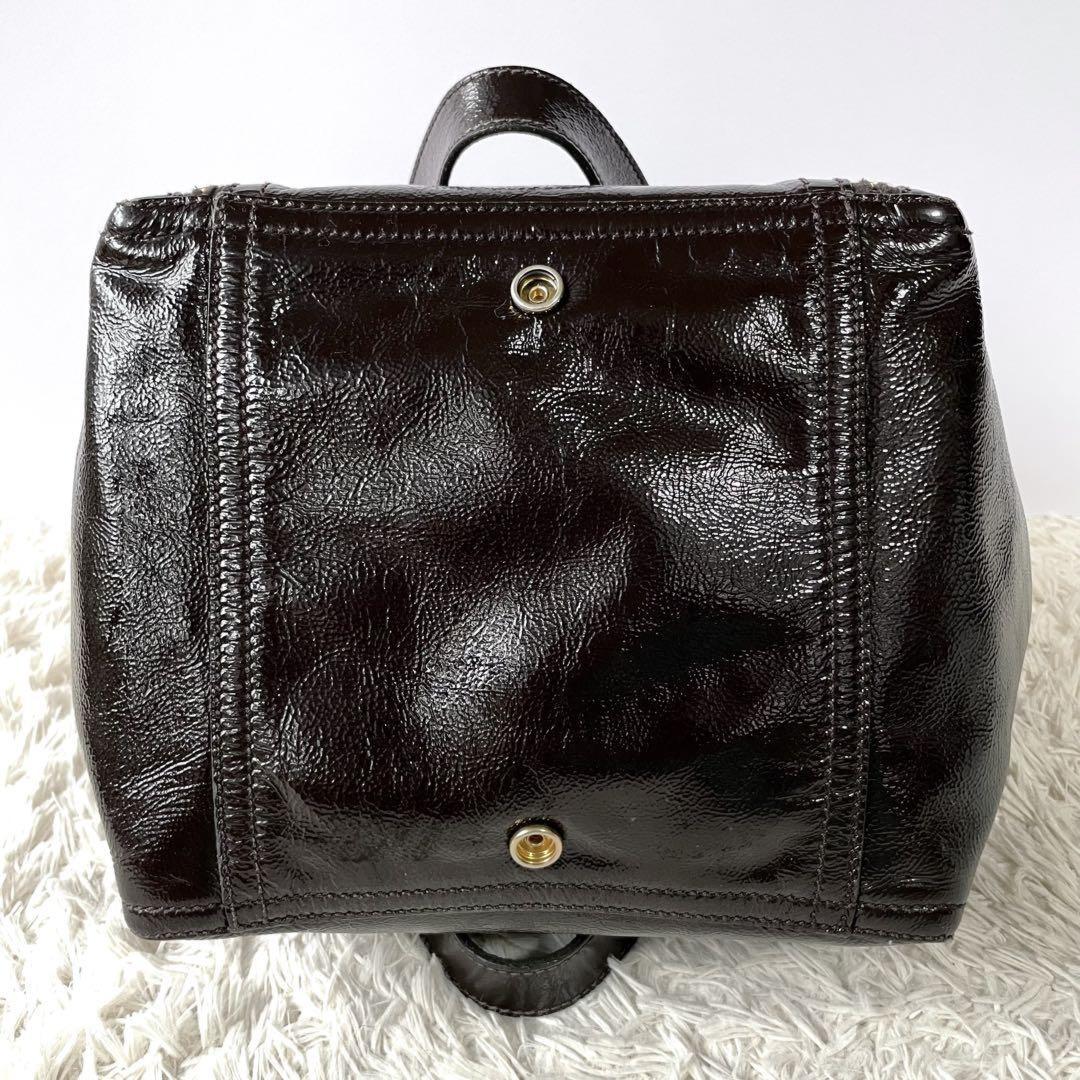 Saint Laurent Hand Bag Tote Purse Downtown Patent Leather Dark Brown Authentic