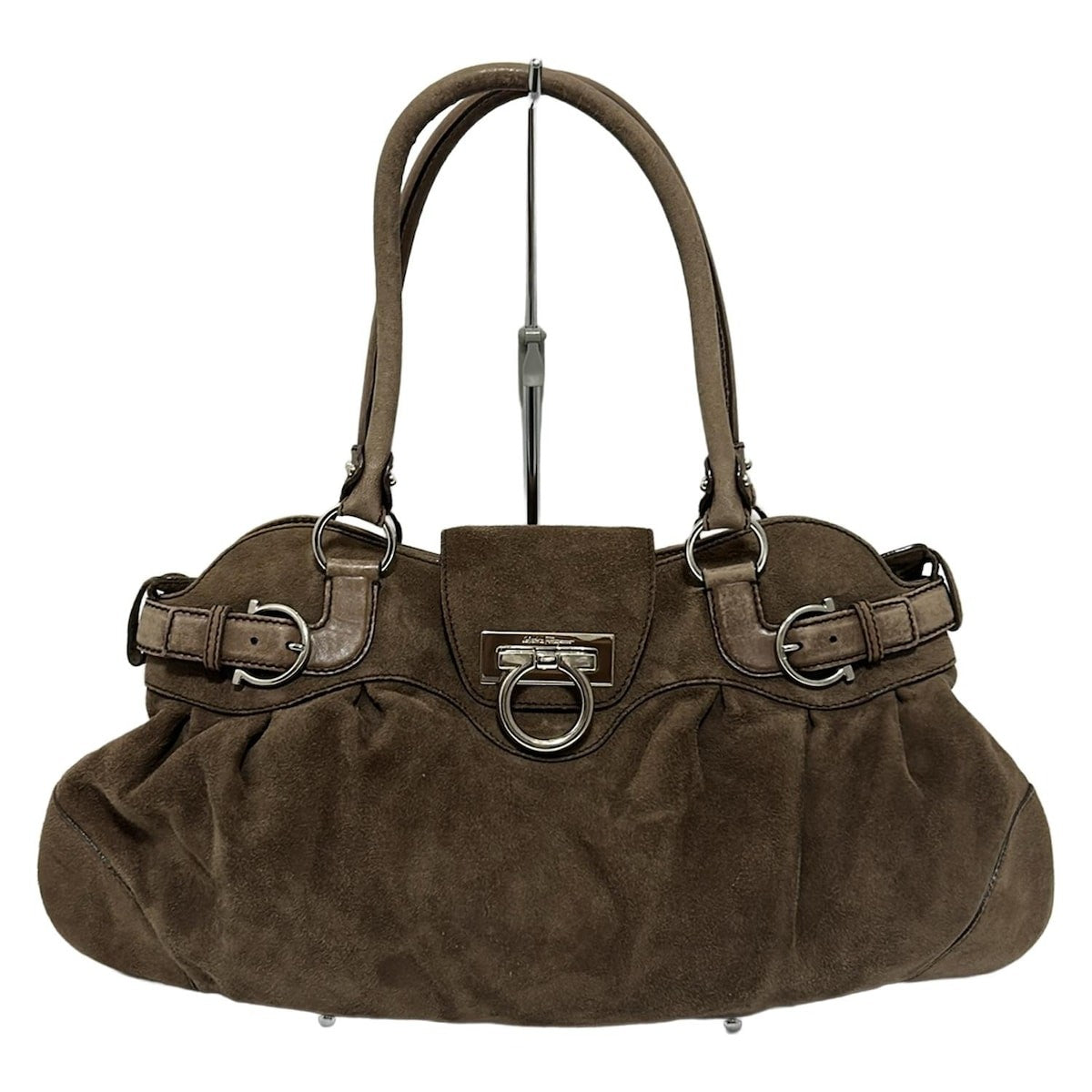 Salvatore Ferragamo Hand Bag Tote Purse Gancini Suede Brown Authentic