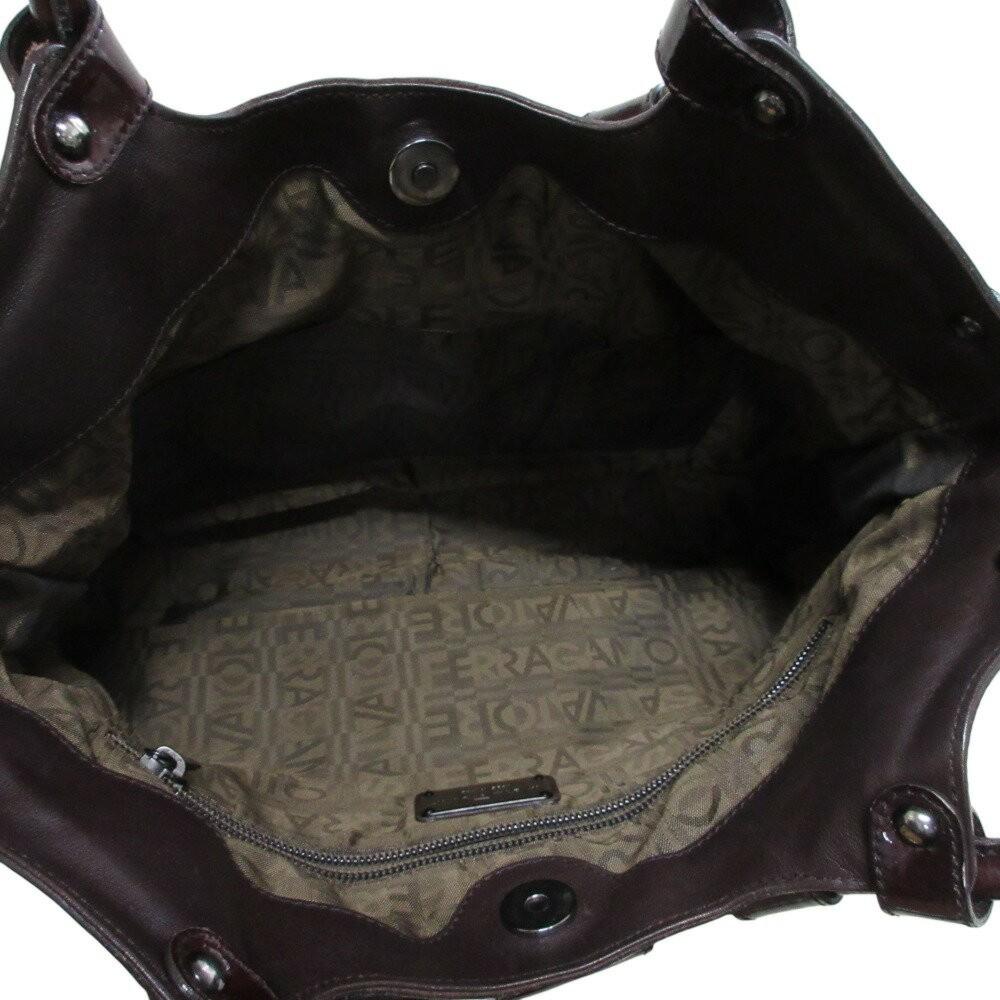 Salvatore Ferragamo Hand Bag Tote Purse Gancini Patent Leather Brown Authentic