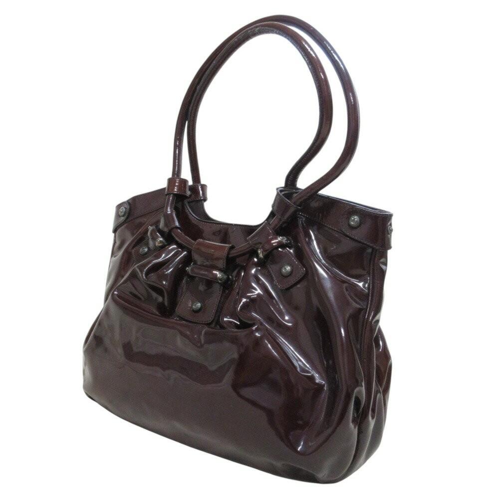 Salvatore Ferragamo Hand Bag Tote Purse Gancini Patent Leather Brown Authentic