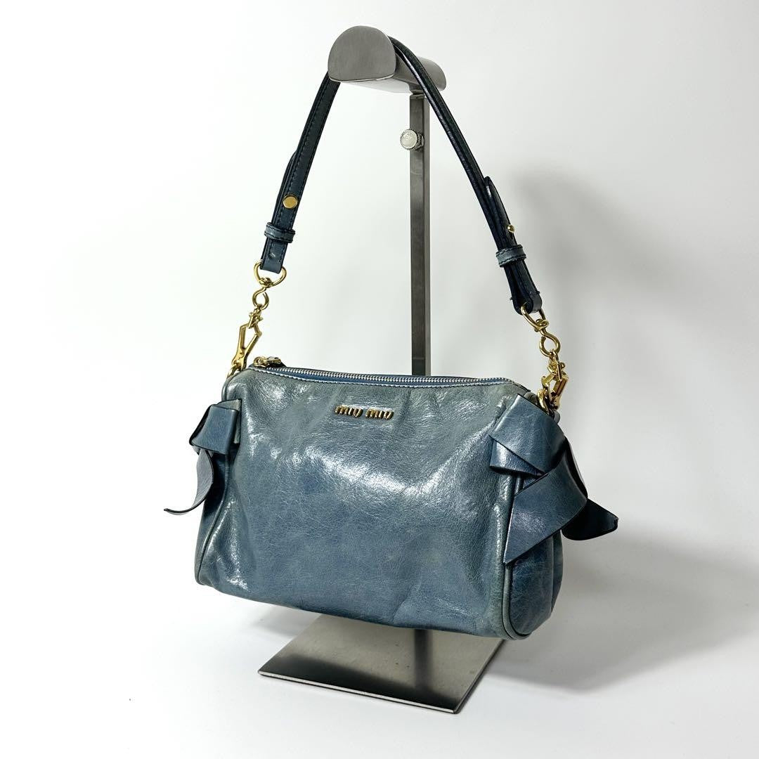 MIU MIU Shoulder Bag Purse Logo Leather Light Blue Authentic