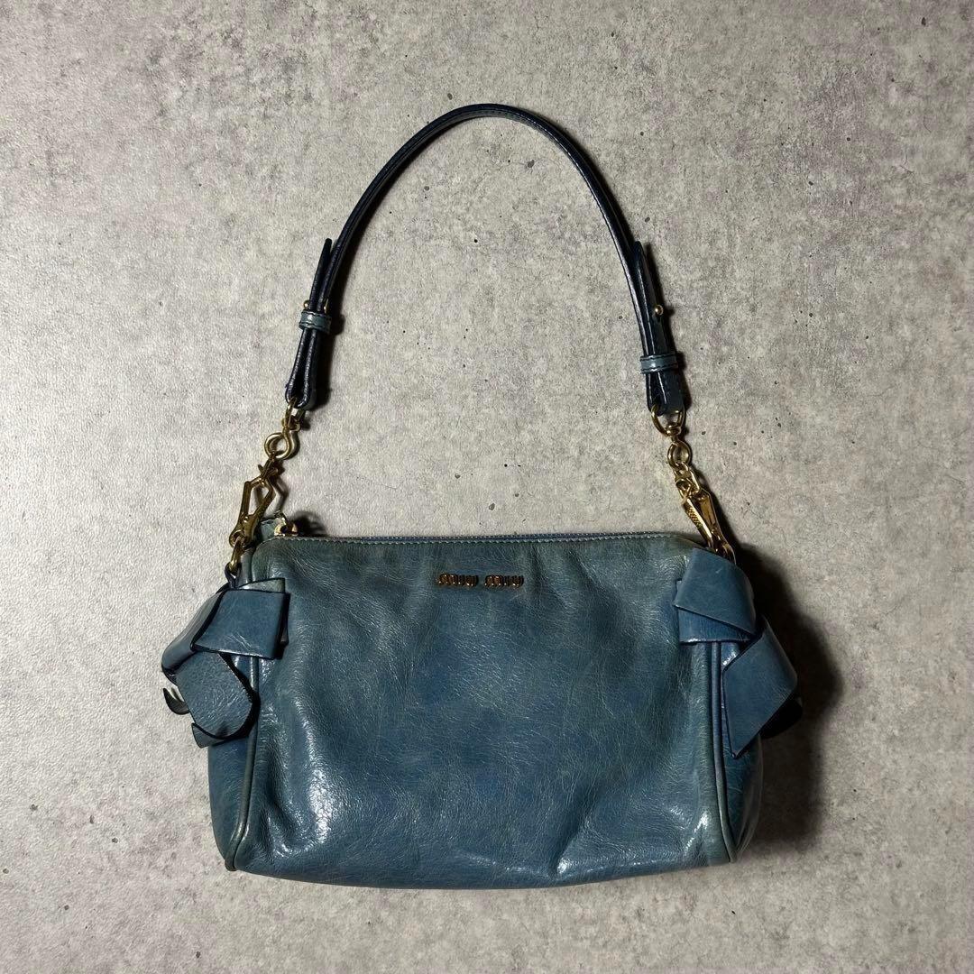 MIU MIU Shoulder Bag Purse Logo Leather Light Blue Authentic
