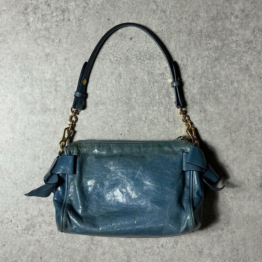 MIU MIU Shoulder Bag Purse Logo Leather Light Blue Authentic