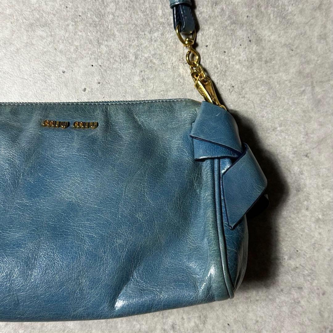 MIU MIU Shoulder Bag Purse Logo Leather Light Blue Authentic
