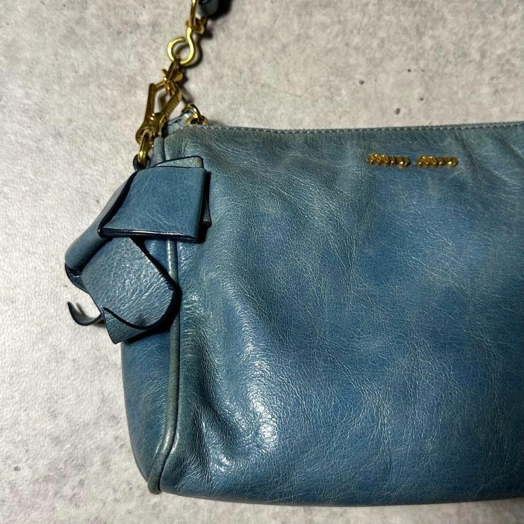 MIU MIU Shoulder Bag Purse Logo Leather Light Blue Authentic