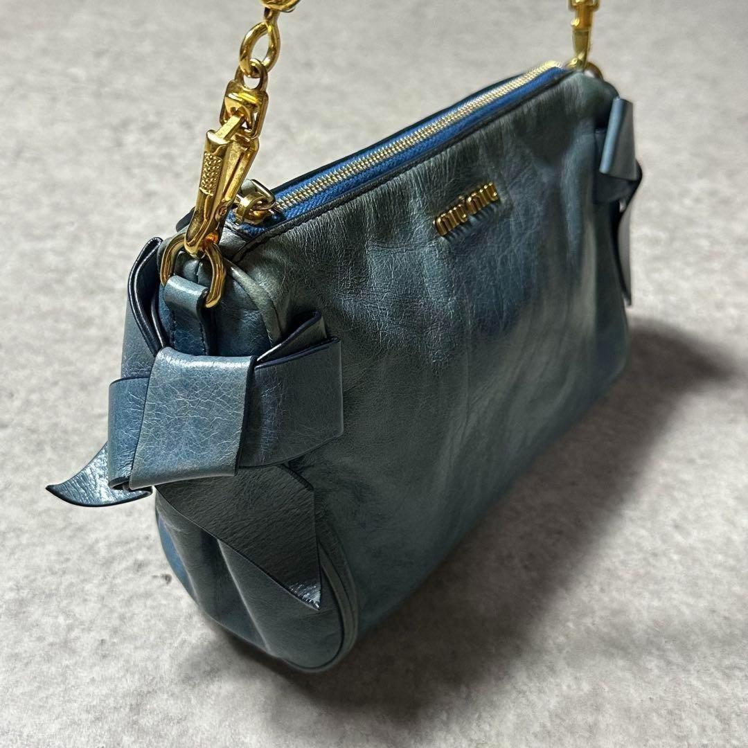 MIU MIU Shoulder Bag Purse Logo Leather Light Blue Authentic