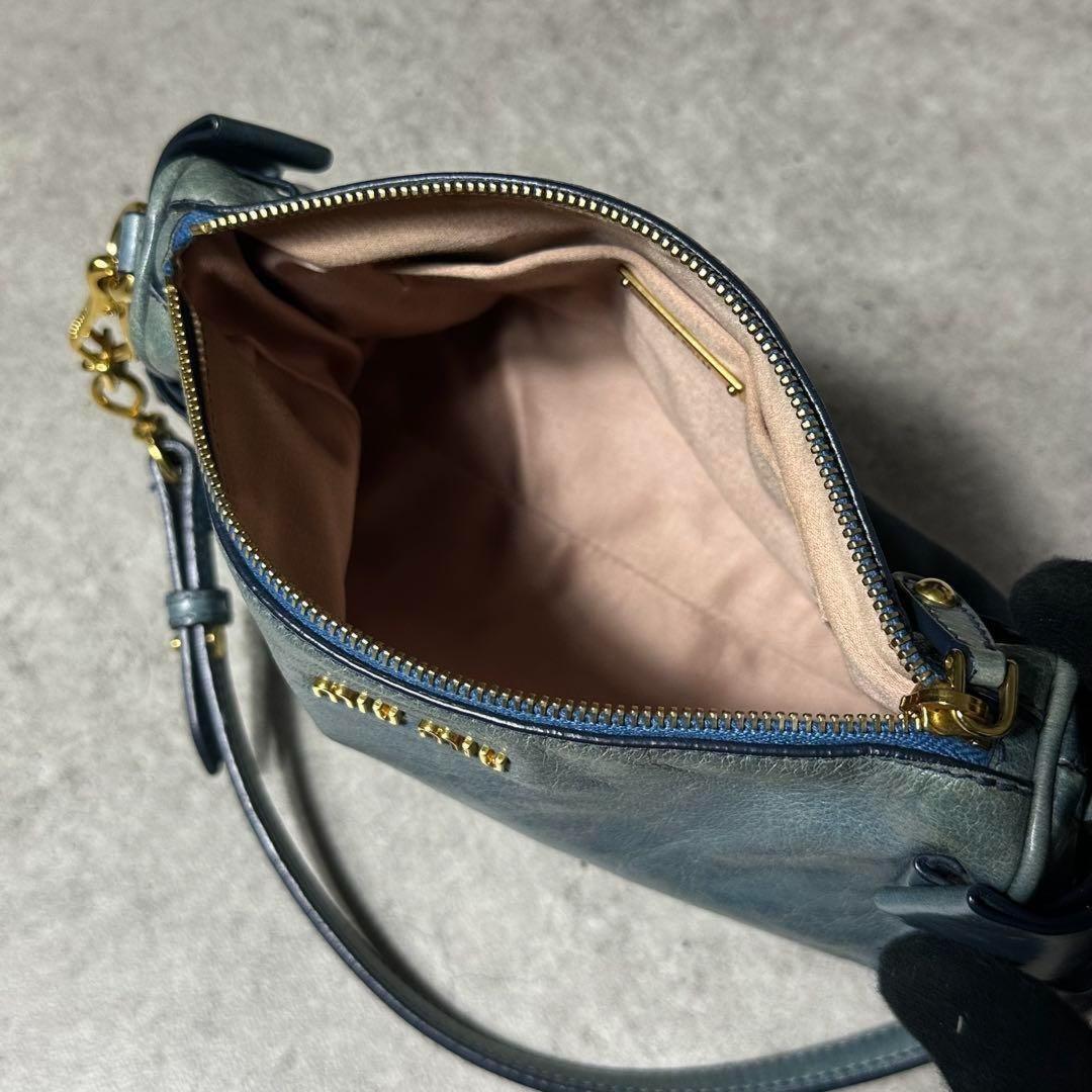 MIU MIU Shoulder Bag Purse Logo Leather Light Blue Authentic