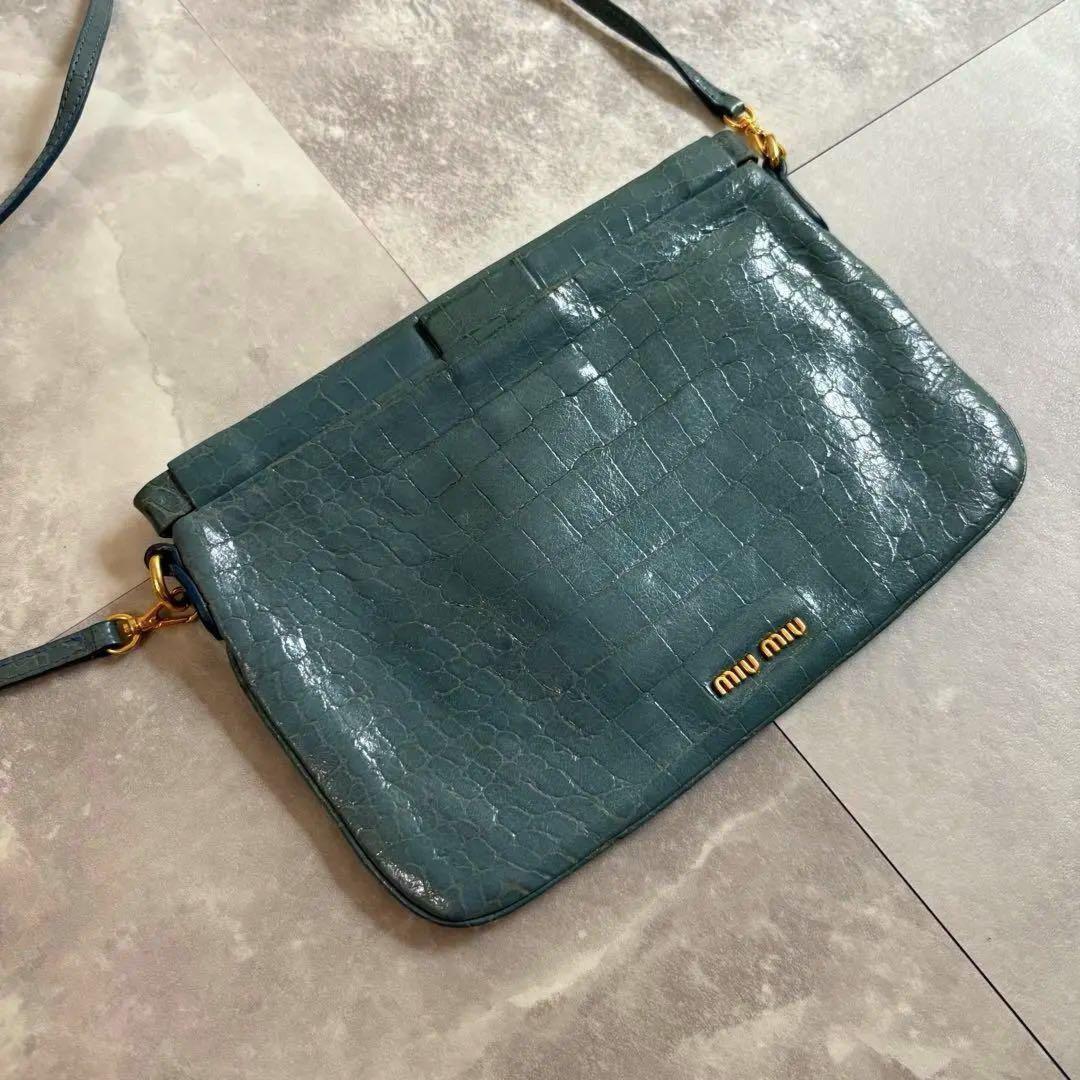 MIU MIU Shoulder Bag Purse Logo Leather Blue Authentic