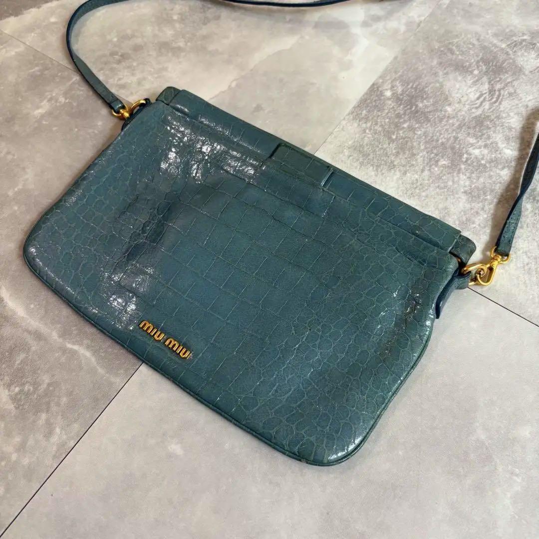 MIU MIU Shoulder Bag Purse Logo Leather Blue Authentic