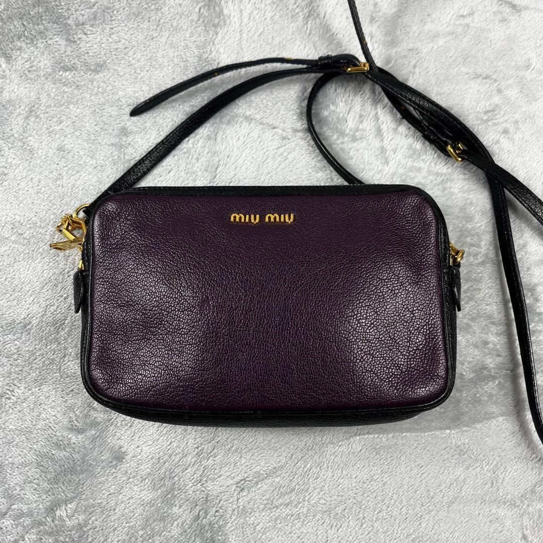 MIU MIU Shoulder Bag Purse Logo Leather Purple Black Authentic