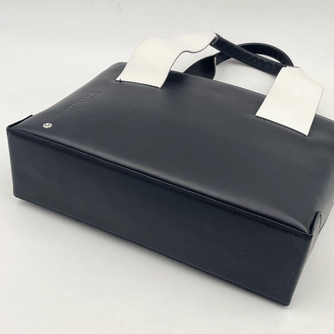 Montblanc Hand Bag Tote Purse Leather Black White Authentic