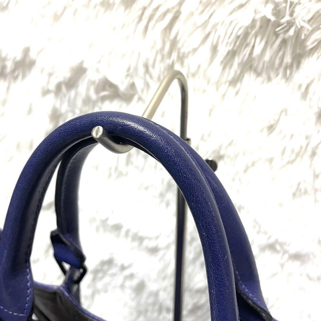 Longchamp Hand Shoulder Bag Tote Purse 2way 3D Logo Leather Blue Authentic