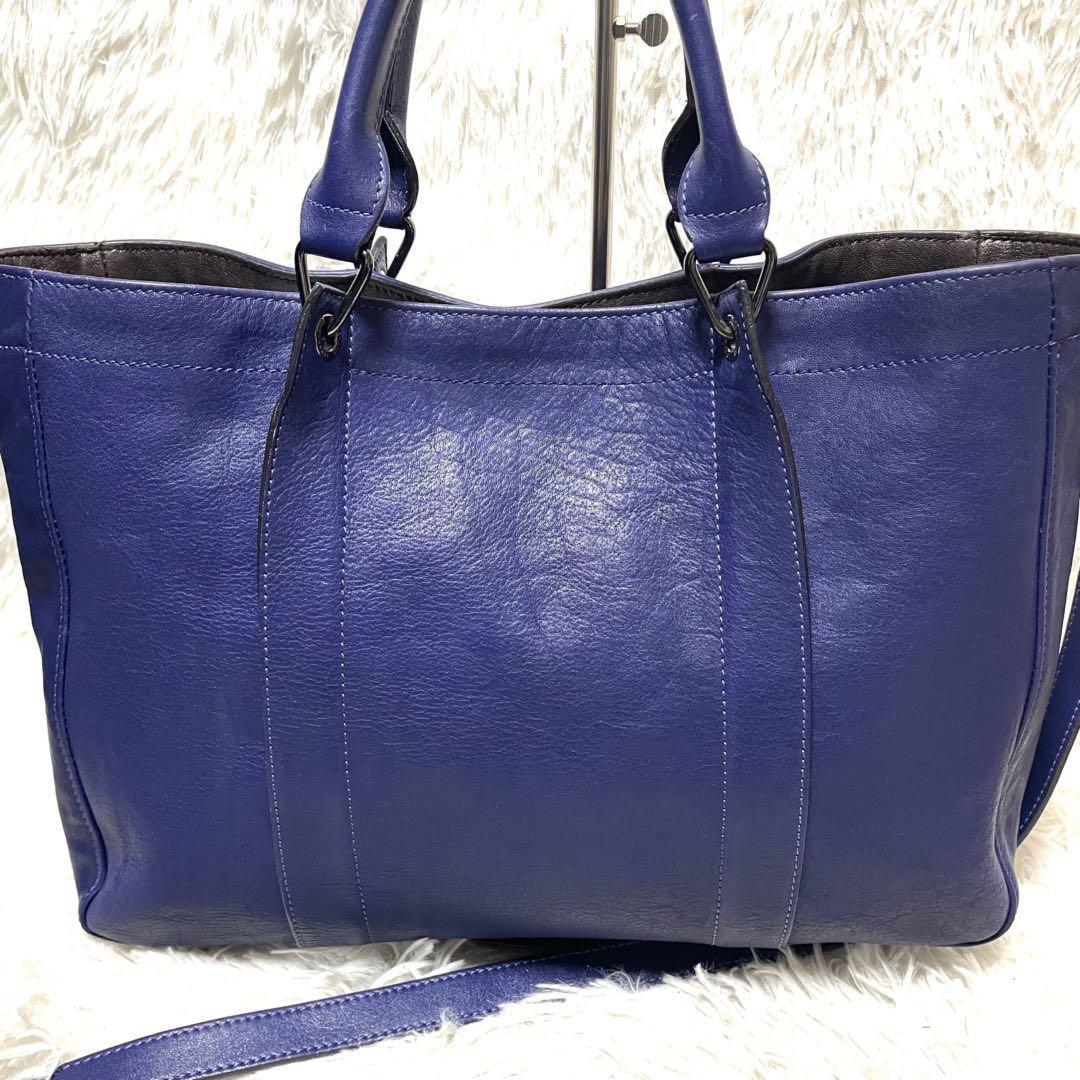 Longchamp Hand Shoulder Bag Tote Purse 2way 3D Logo Leather Blue Authentic