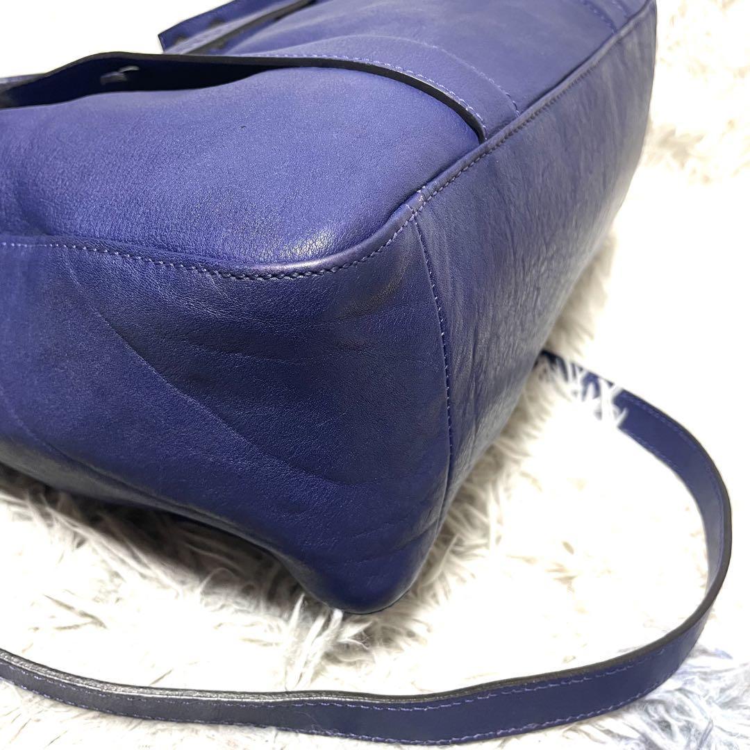 Longchamp Hand Shoulder Bag Tote Purse 2way 3D Logo Leather Blue Authentic