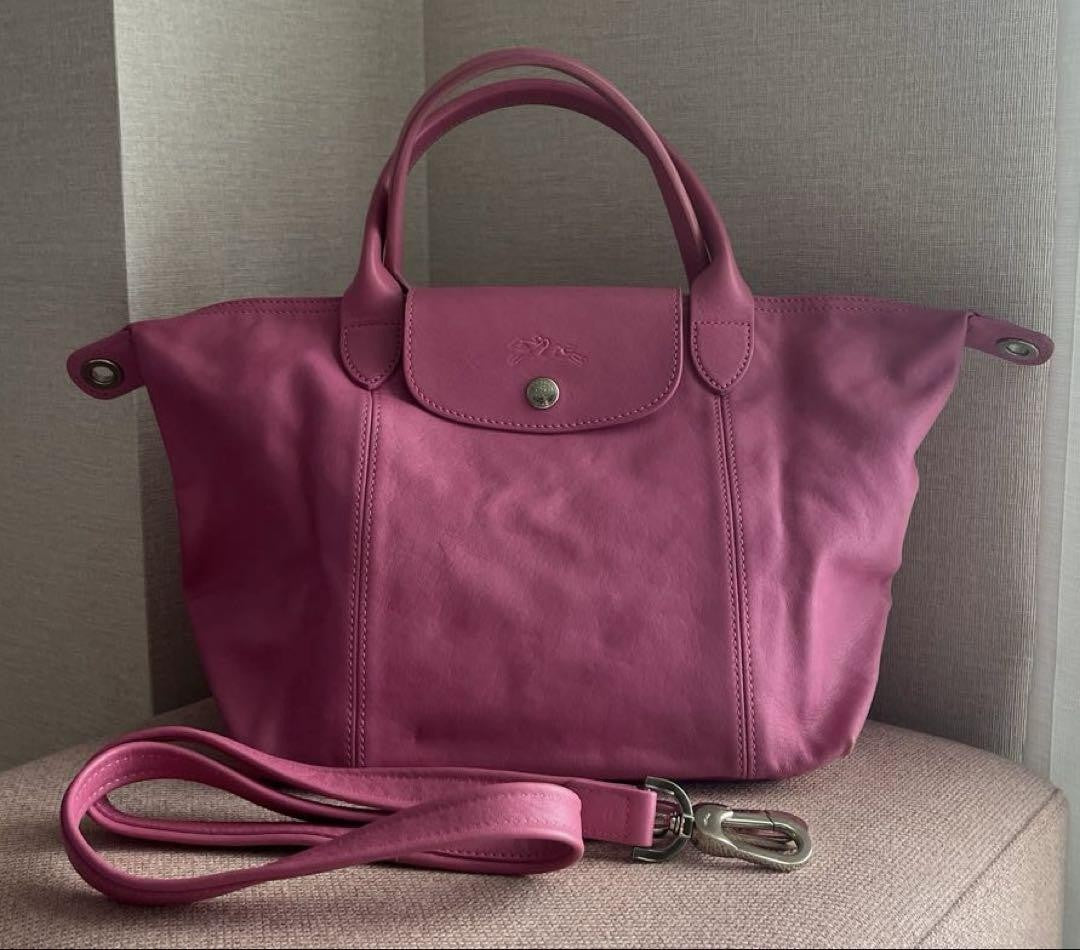 Longchamp Hand Shoulder Bag Tote Purse Le Pliage Leather Pink Authentic