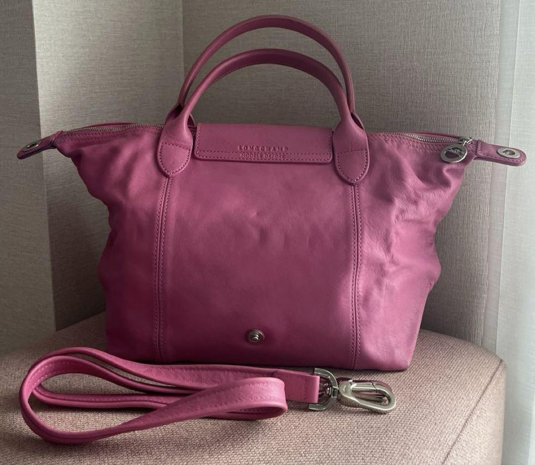 Longchamp Hand Shoulder Bag Tote Purse Le Pliage Leather Pink Authentic