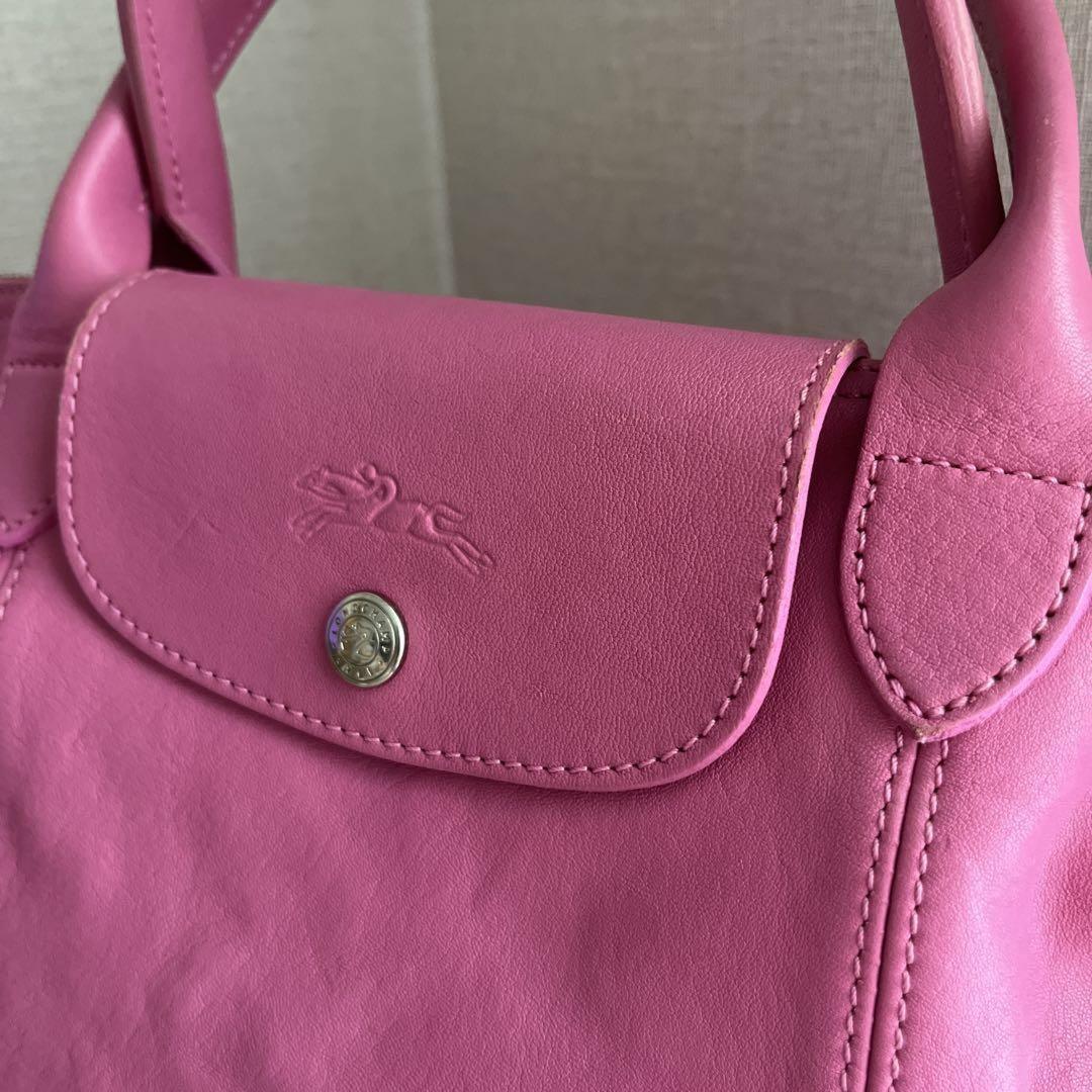 Longchamp Hand Shoulder Bag Tote Purse Le Pliage Leather Pink Authentic