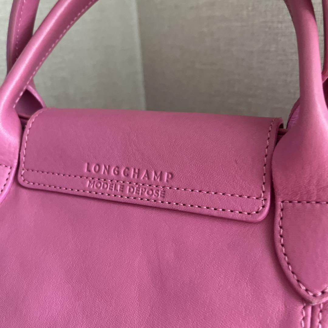 Longchamp Hand Shoulder Bag Tote Purse Le Pliage Leather Pink Authentic