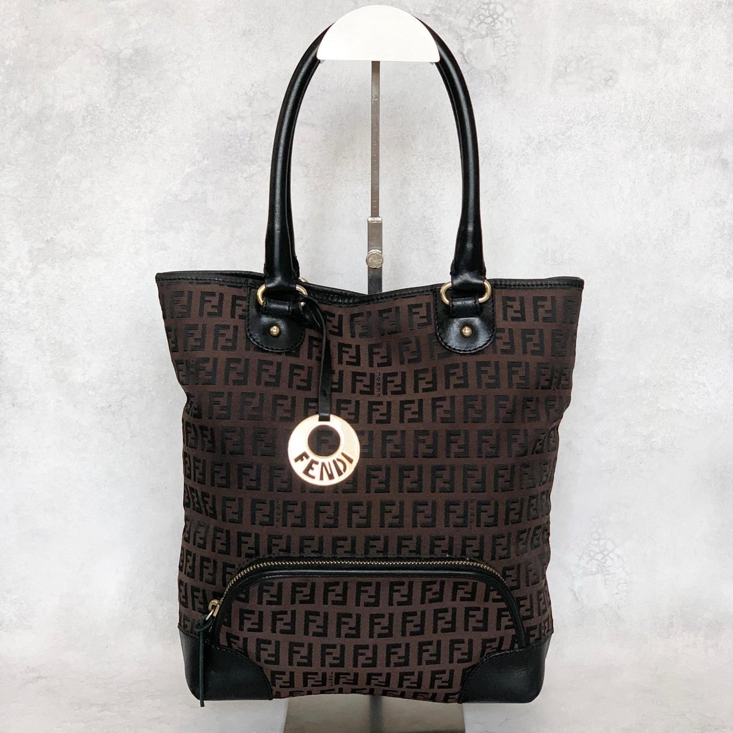 FENDI Handbag Purse Zucchino FF Logo Charm Tote Bag Canvas Leather Brown Auth