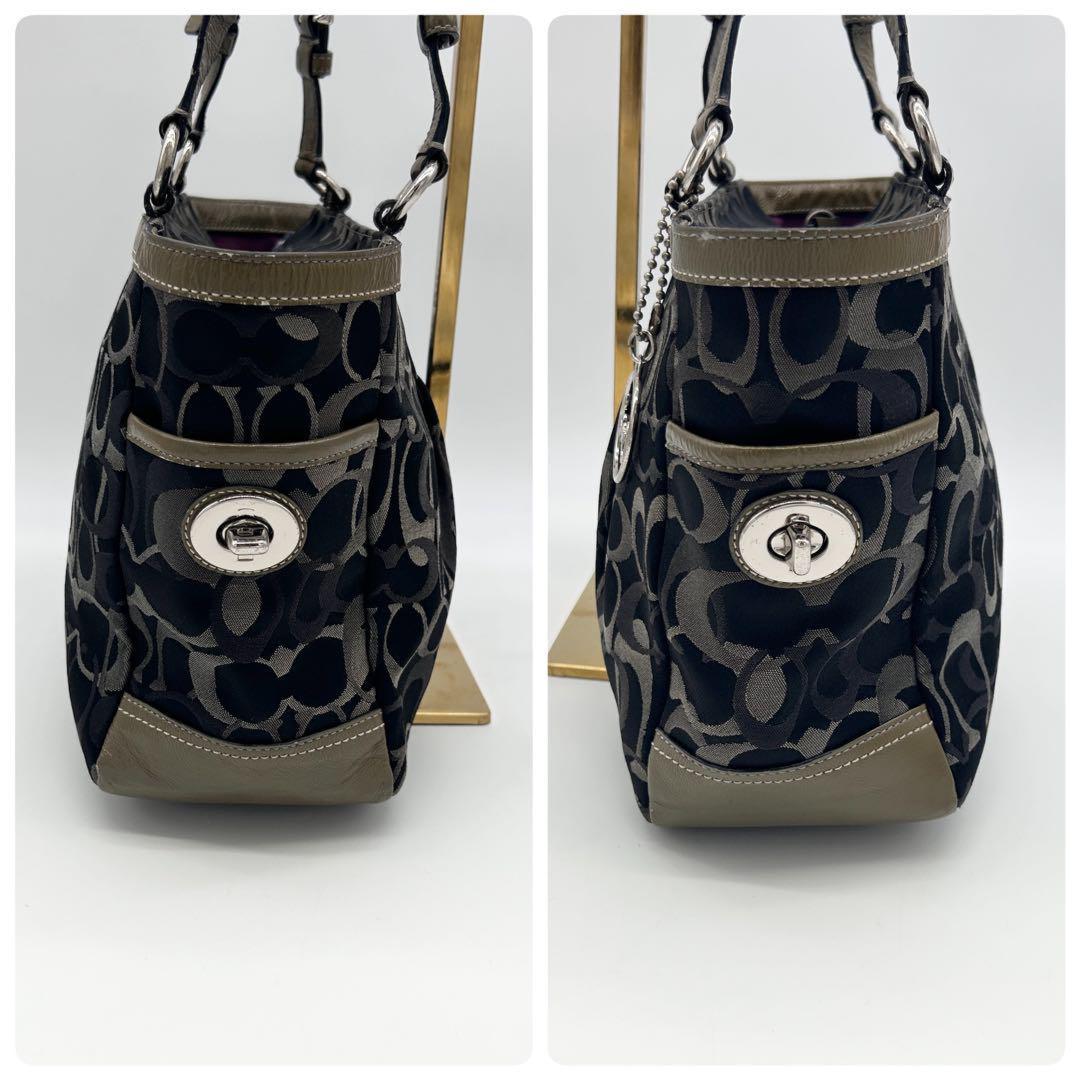 COACH Hand Bag Tote Purse Signature Canvas Black Gray Authentic
