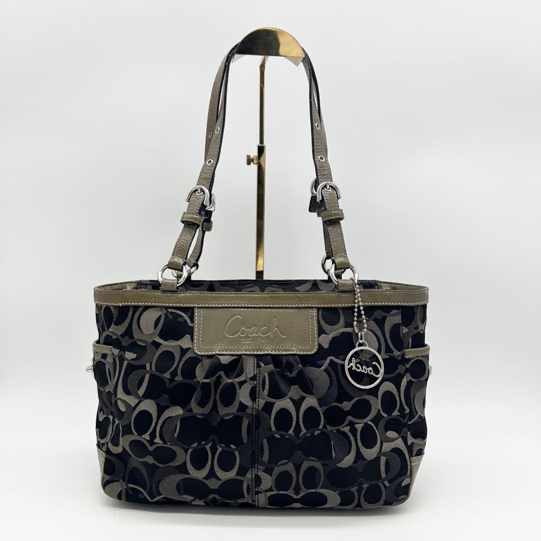 COACH Hand Bag Tote Purse Signature Canvas Black Gray Authentic