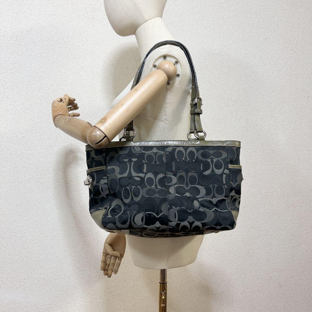 COACH Hand Bag Tote Purse Signature Canvas Black Gray Authentic