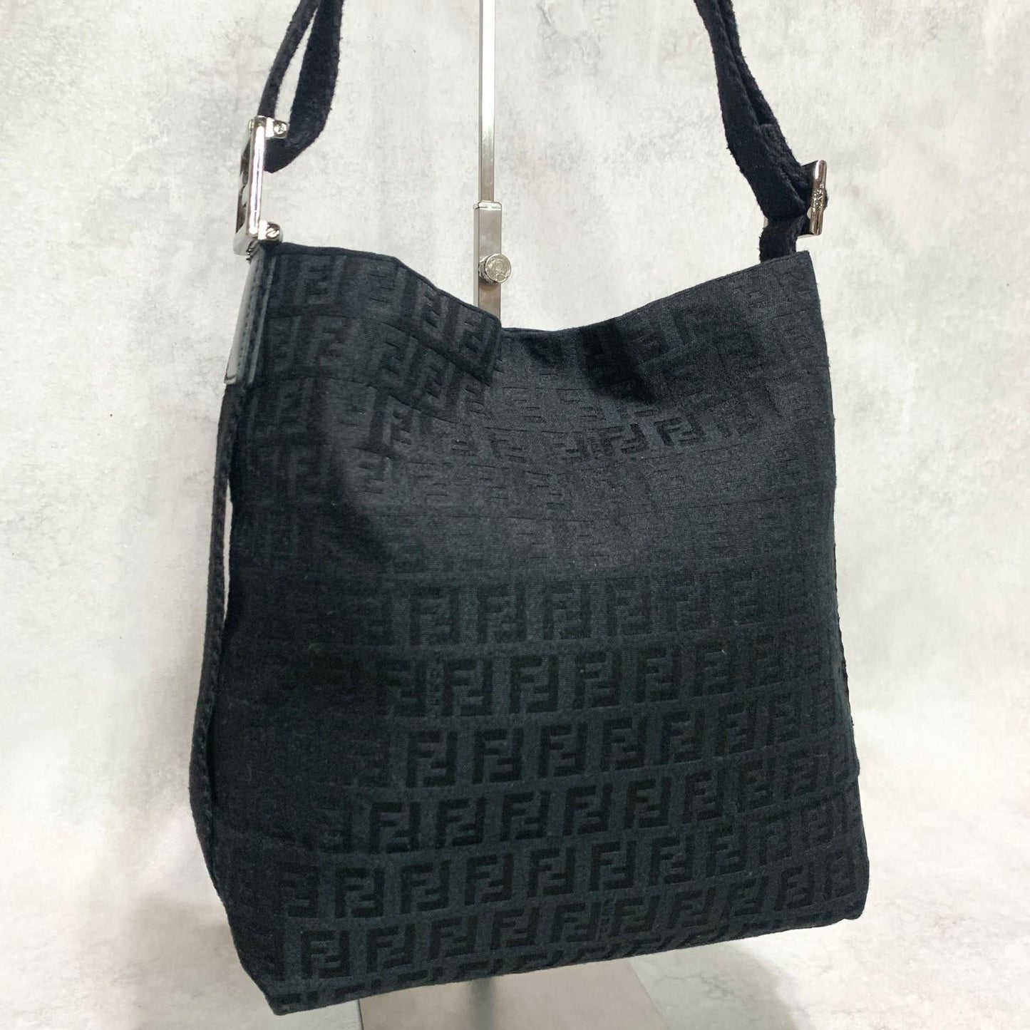 FENDI Shoulder Bag Handbag Purse Zucchino Canvas FF Black Silver Used Authentic