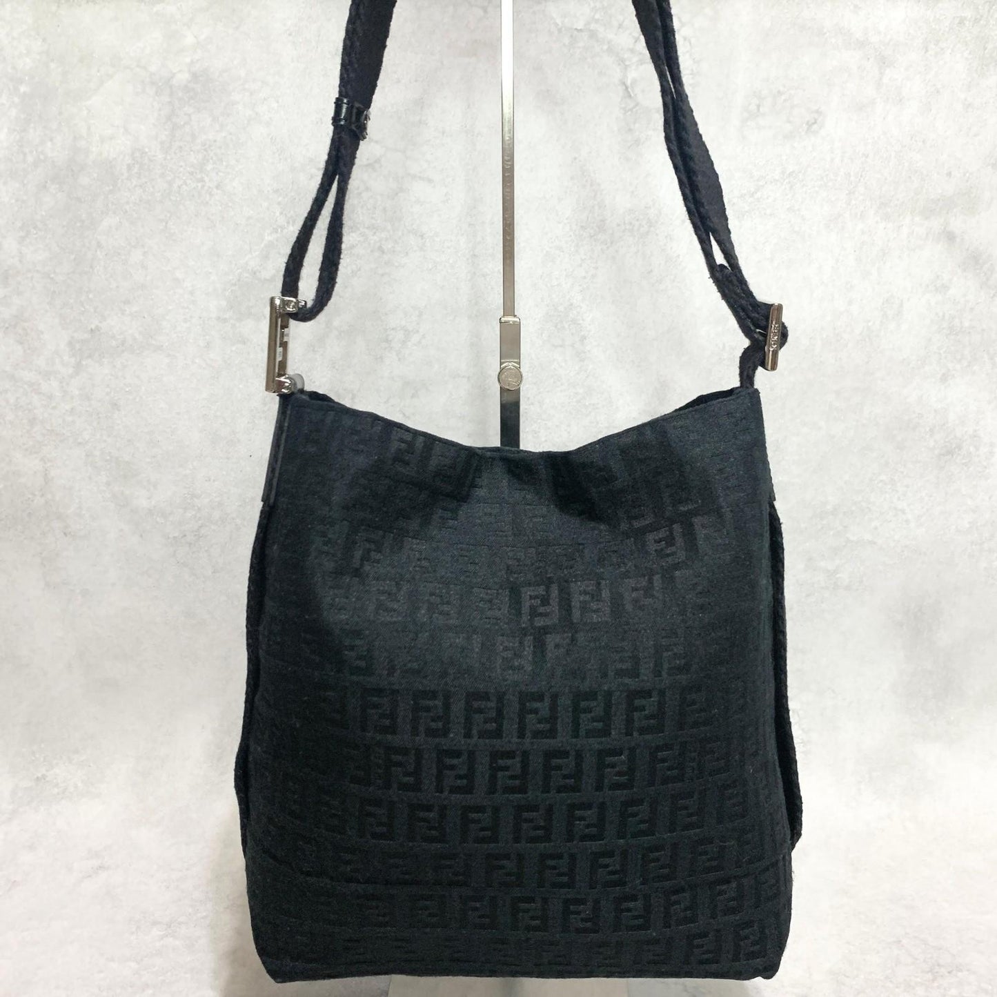 FENDI Shoulder Bag Handbag Purse Zucchino Canvas FF Black Silver Used Authentic