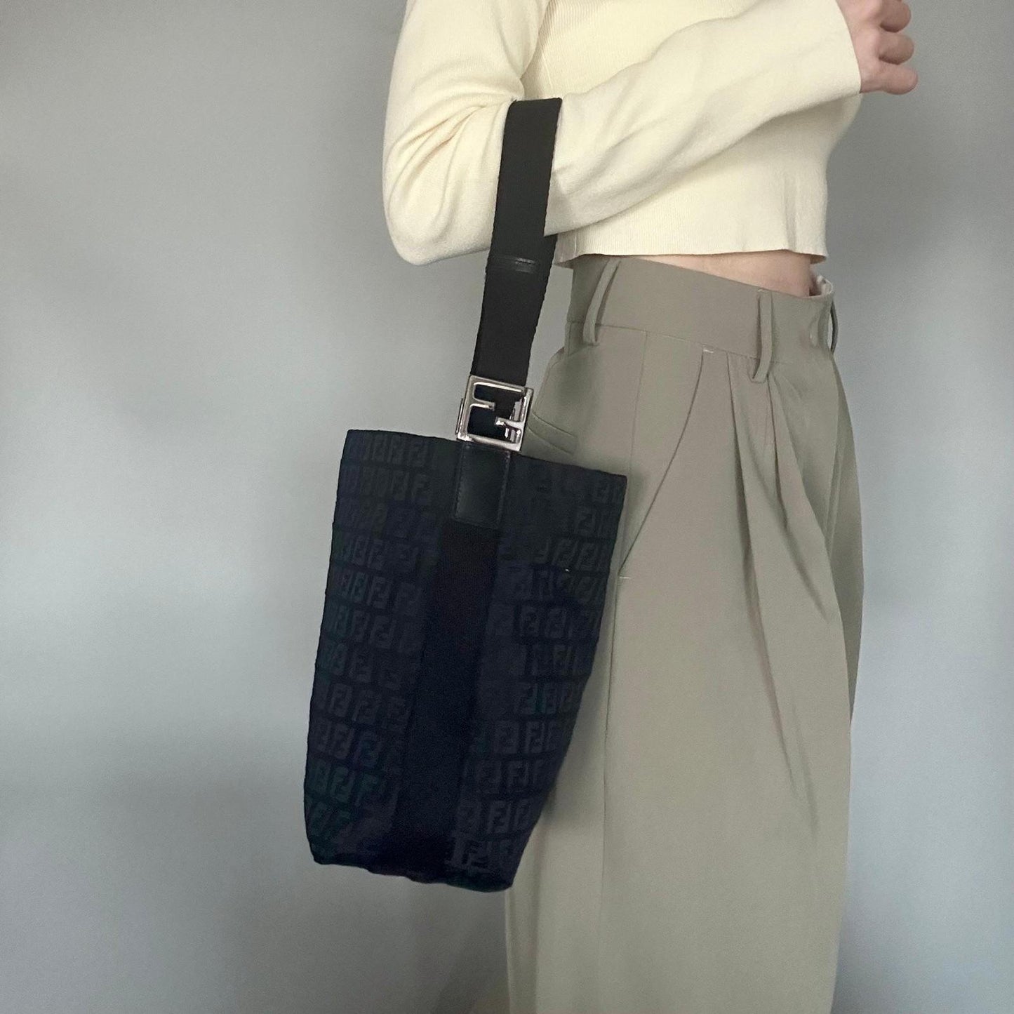 FENDI Shoulder Bag Handbag Purse Zucchino Canvas FF Black Silver Used Authentic
