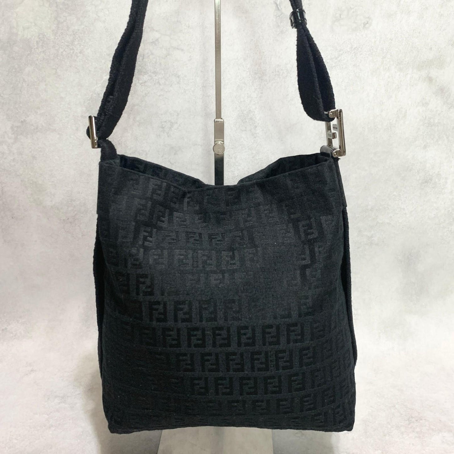 FENDI Shoulder Bag Handbag Purse Zucchino Canvas FF Black Silver Used Authentic
