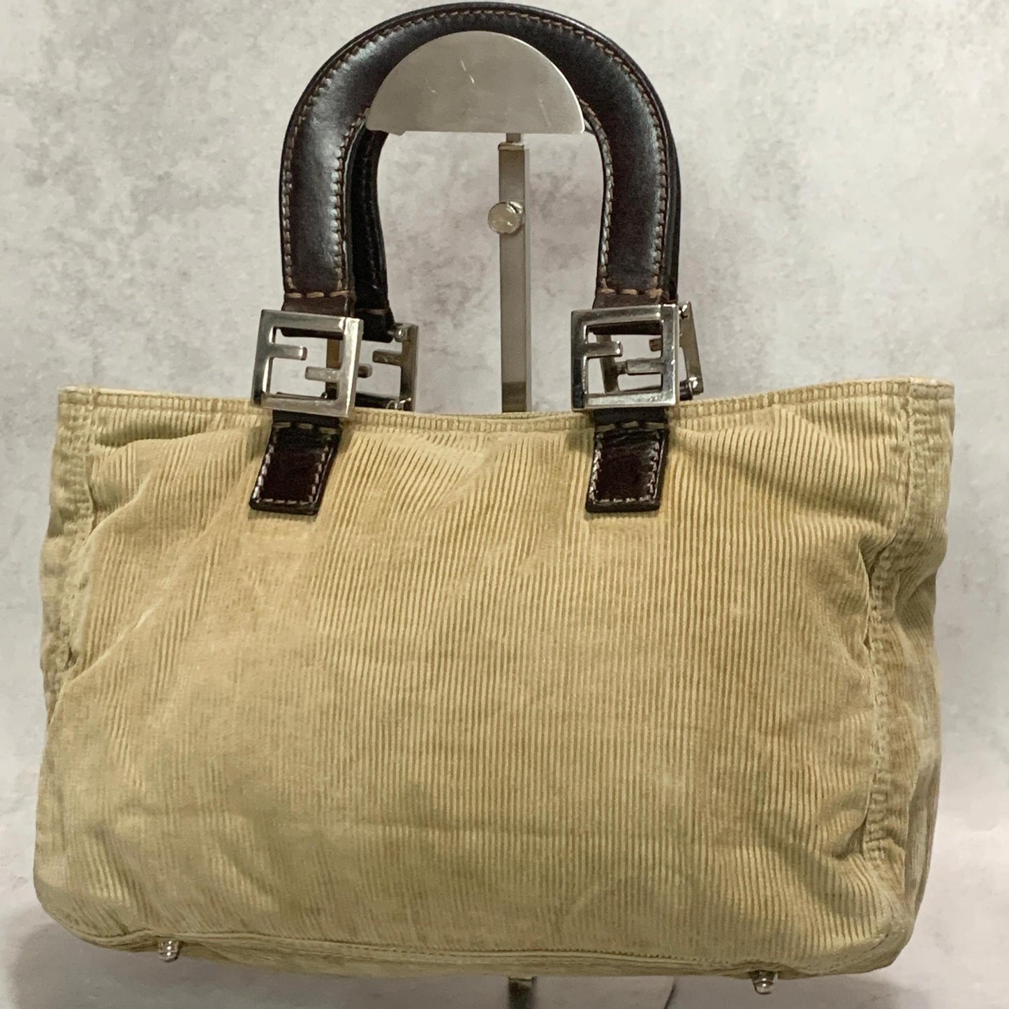 FENDI Handbag Tote Bag FF Purse Corduroy Beige Brown Silver Women's Used Auth