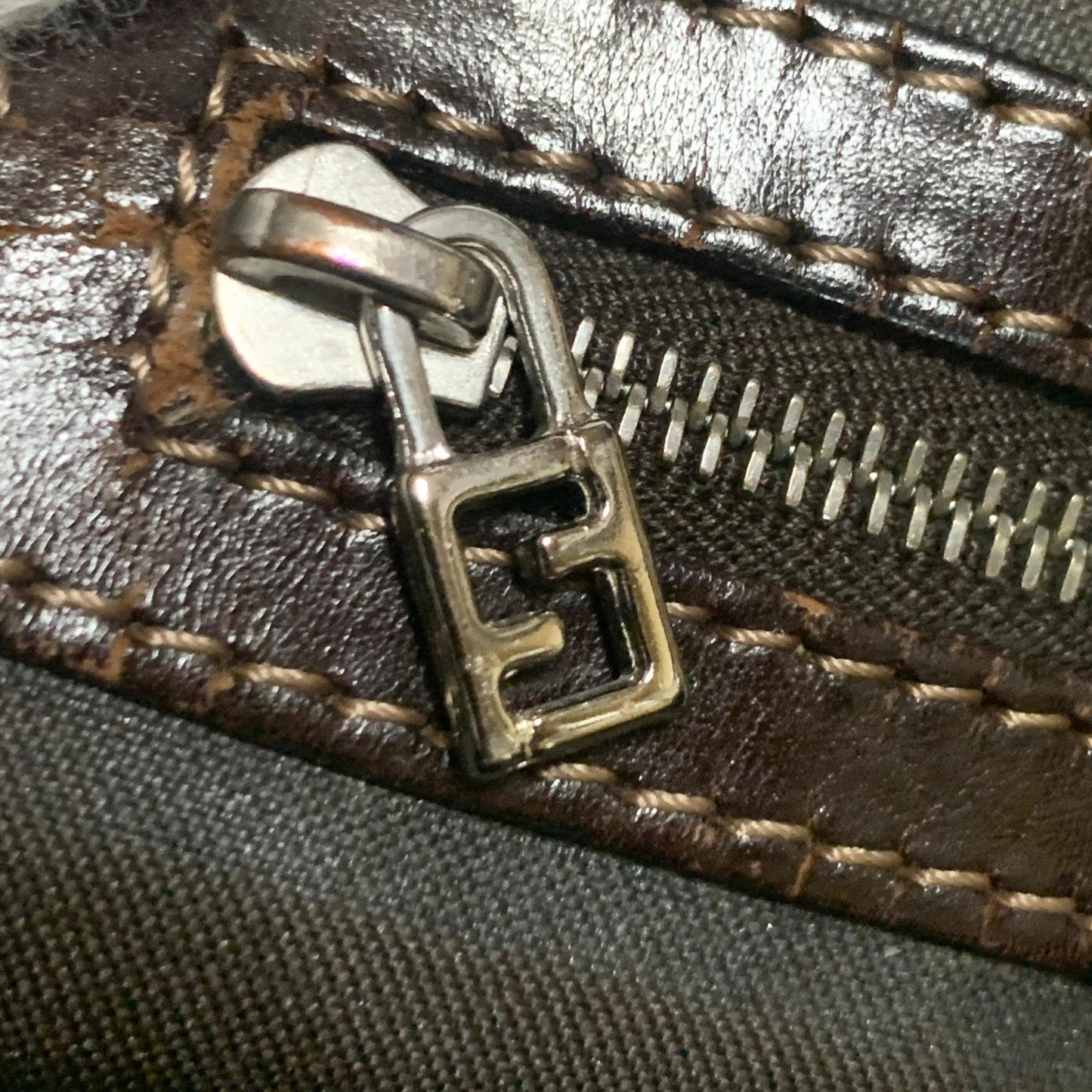 FENDI Handbag Tote Bag FF Purse Corduroy Beige Brown Silver Women's Used Auth