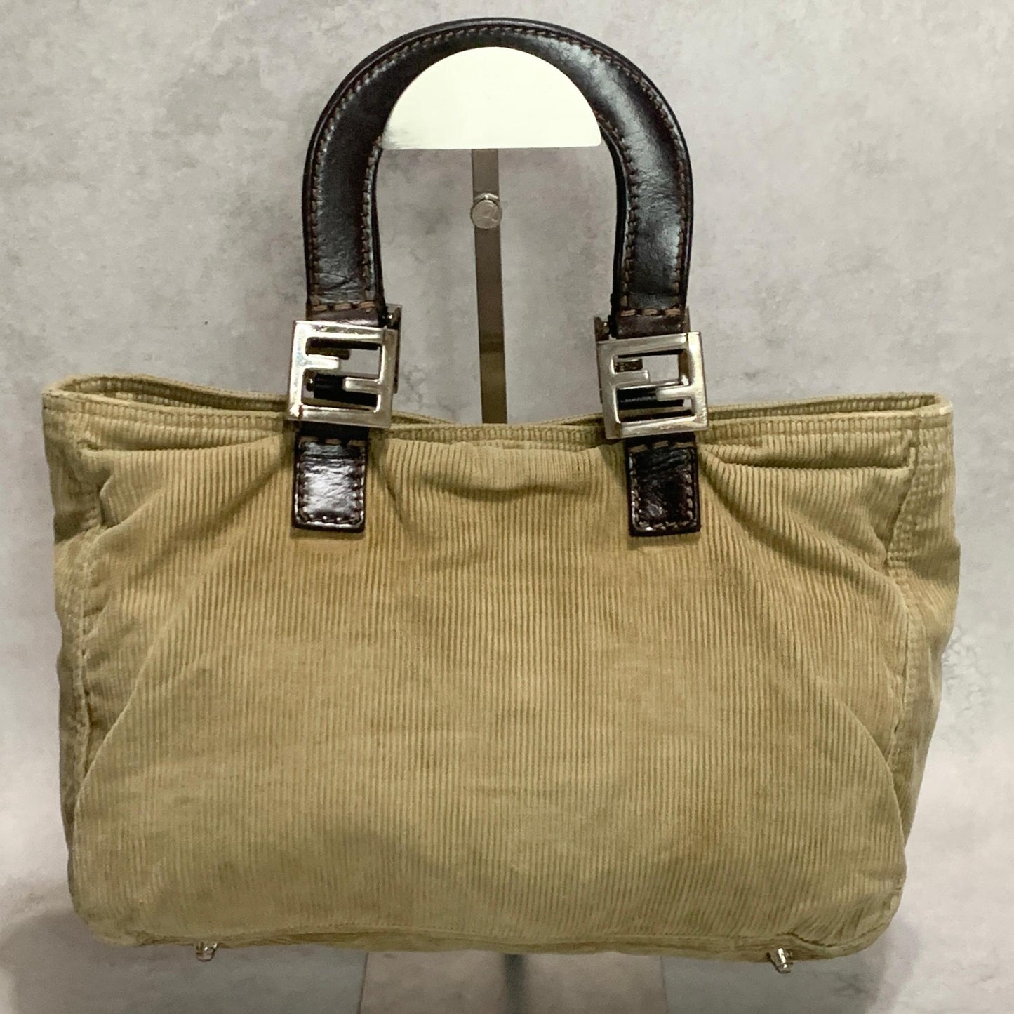 FENDI Handbag Tote Bag FF Purse Corduroy Beige Brown Silver Women's Used Auth