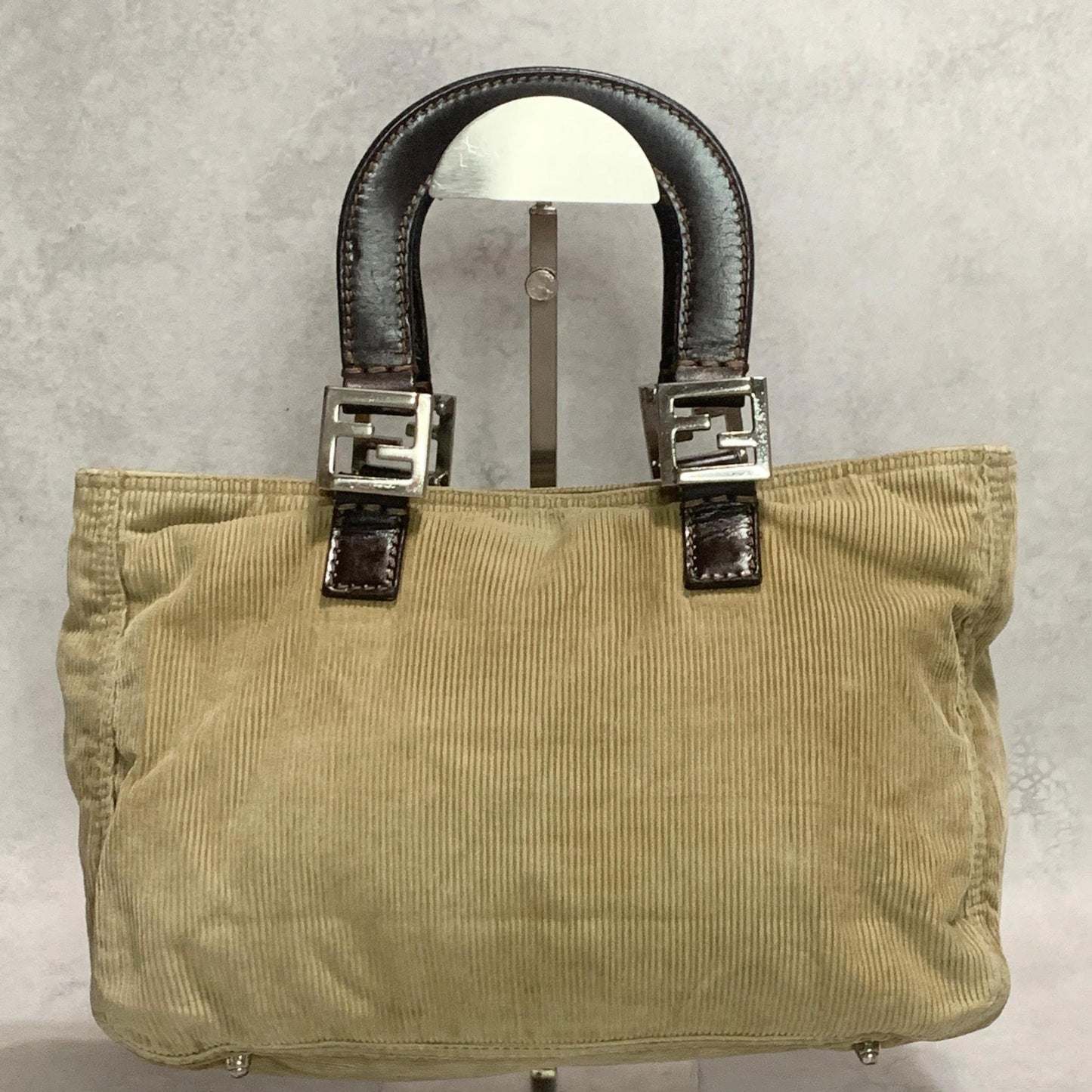 FENDI Handbag Tote Bag FF Purse Corduroy Beige Brown Silver Women's Used Auth