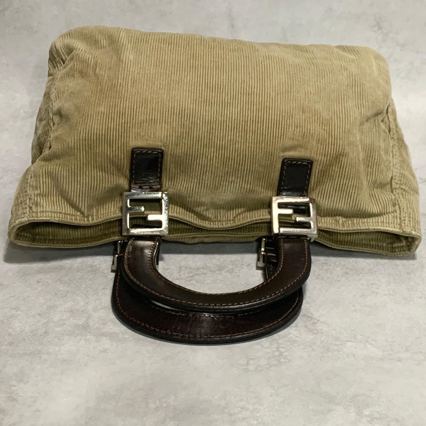FENDI Handbag Tote Bag FF Purse Corduroy Beige Brown Silver Women's Used Auth