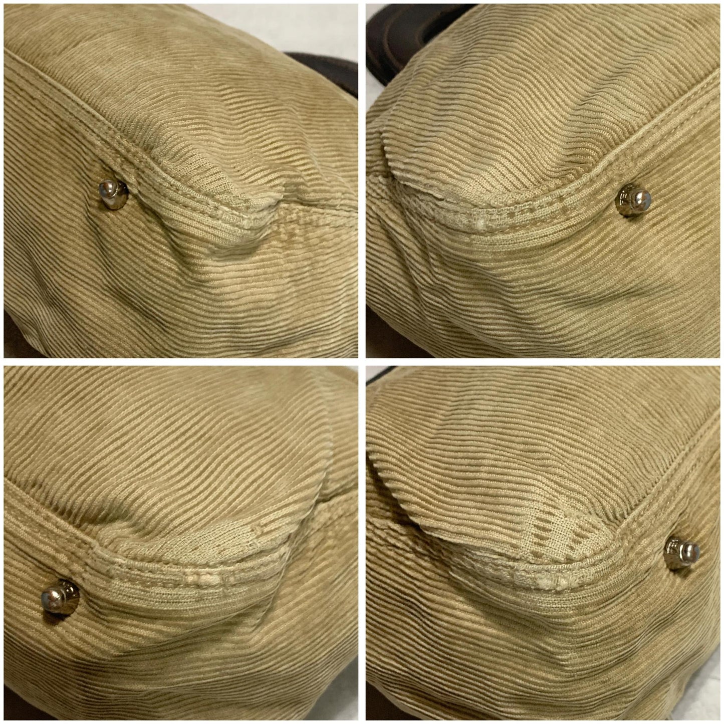 FENDI Handbag Tote Bag FF Purse Corduroy Beige Brown Silver Women's Used Auth