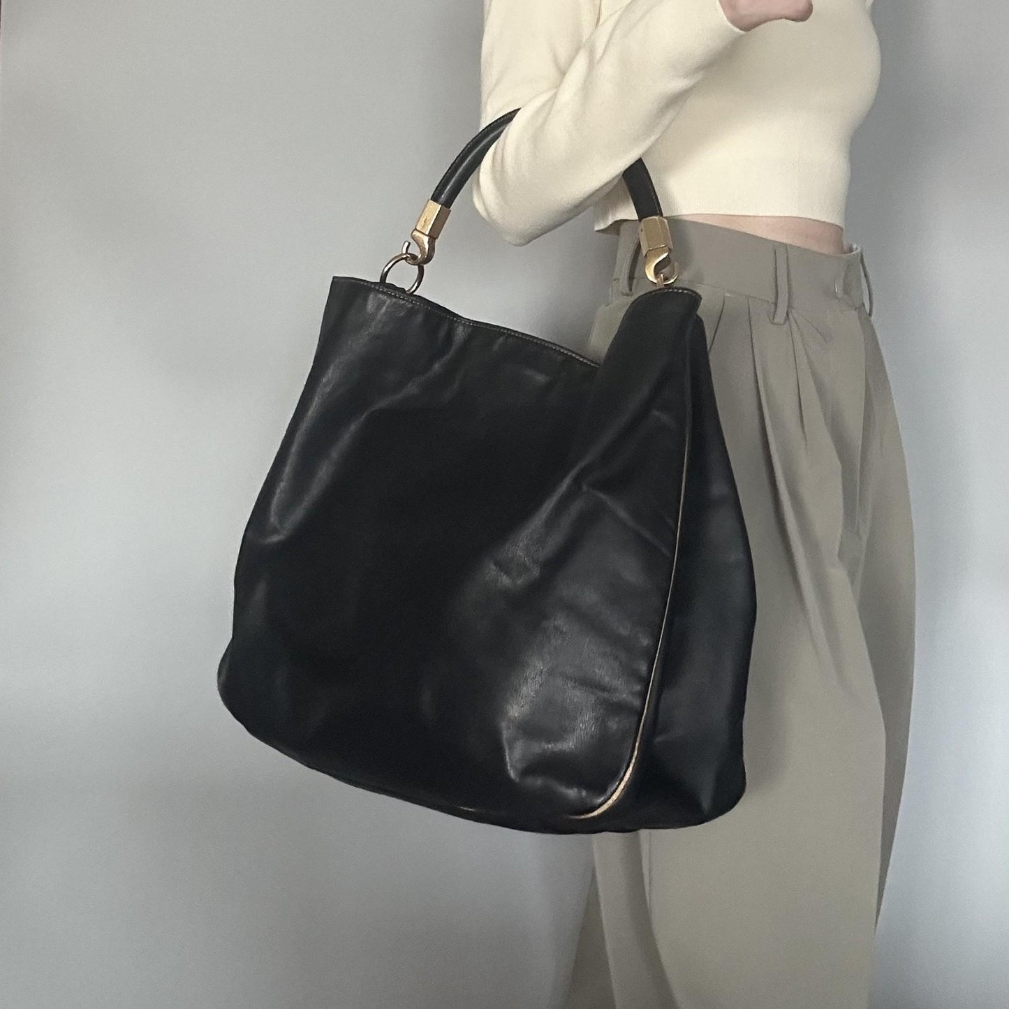 Saint Laurent Bag YSL Cassandra Hand Tote Purse Leather Black Gold Authentic