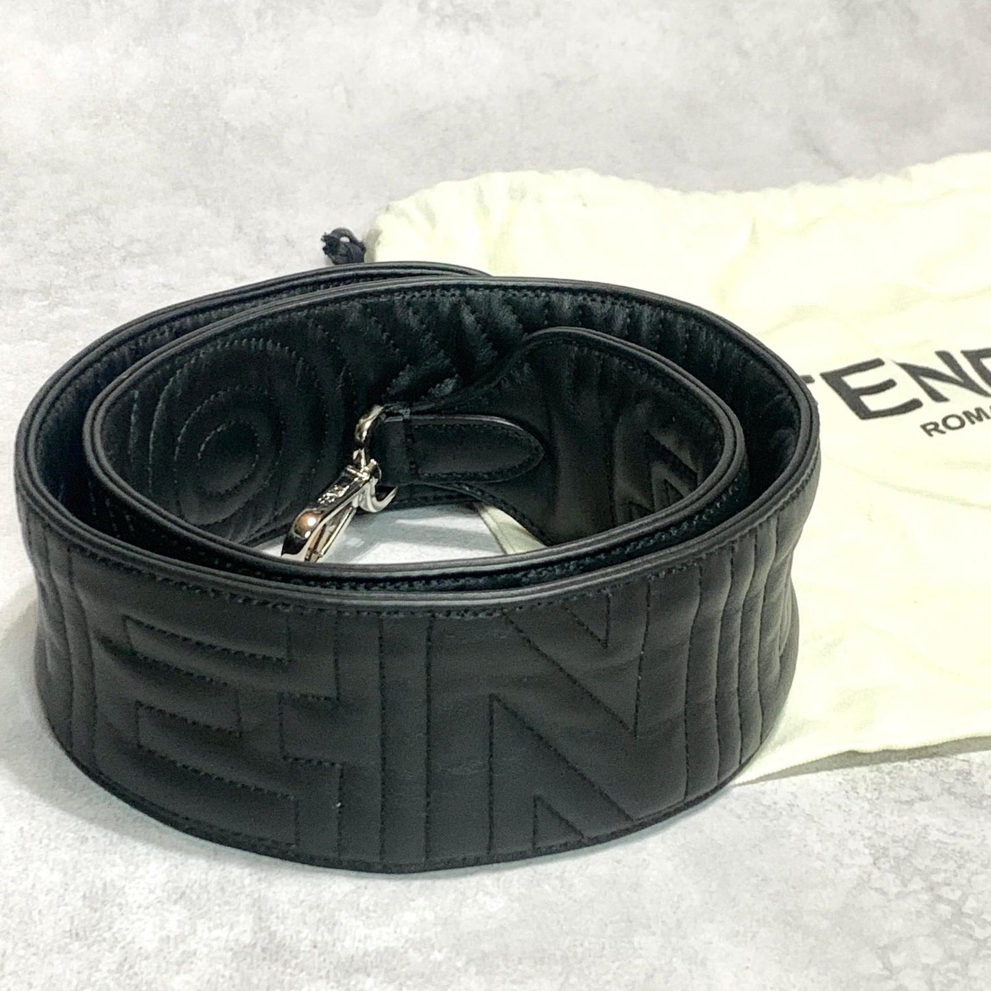 FENDI Strap you Shoulder Strap Stitch Logo Quilted Leather Black Silver Auth