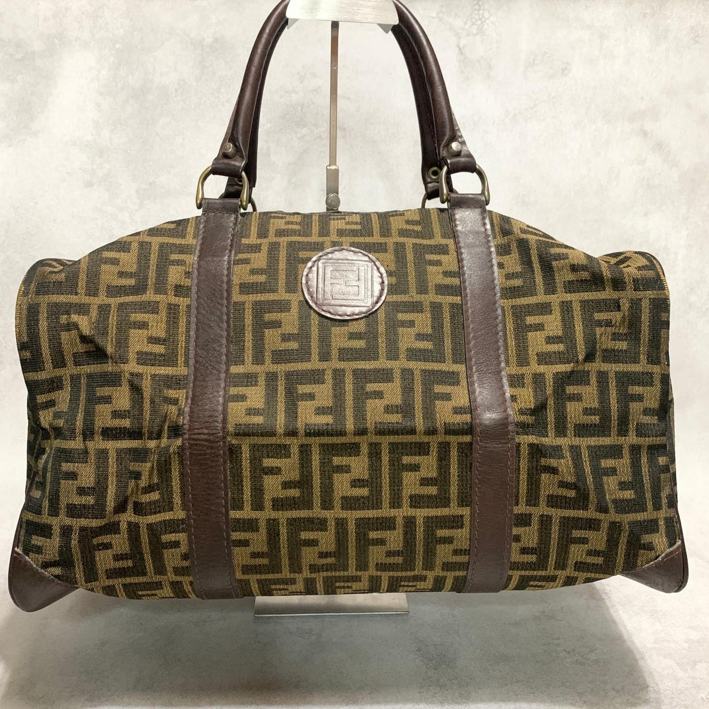 FENDI Boston Bag Zucca Canvas FF Handbag Tote Purse Brown Used Authentic Unisex