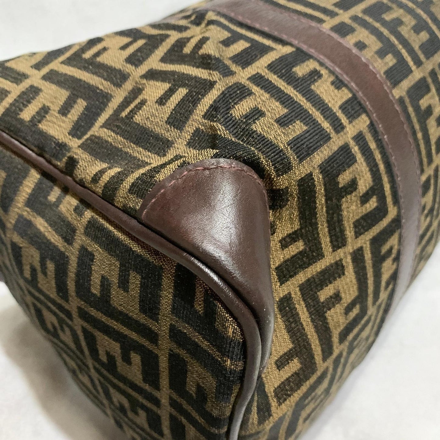 FENDI Boston Bag Zucca Canvas FF Handbag Tote Purse Brown Used Authentic Unisex