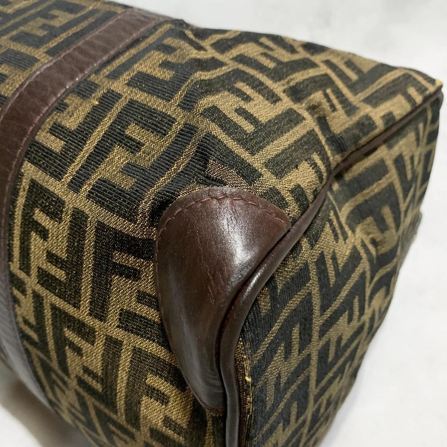 FENDI Boston Bag Zucca Canvas FF Handbag Tote Purse Brown Used Authentic Unisex