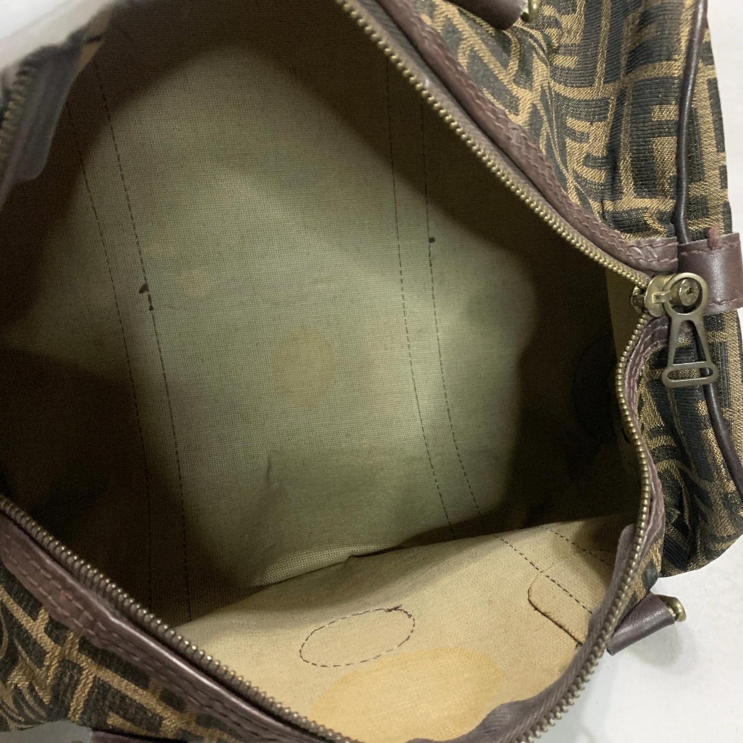 FENDI Boston Bag Zucca Canvas FF Handbag Tote Purse Brown Used Authentic Unisex
