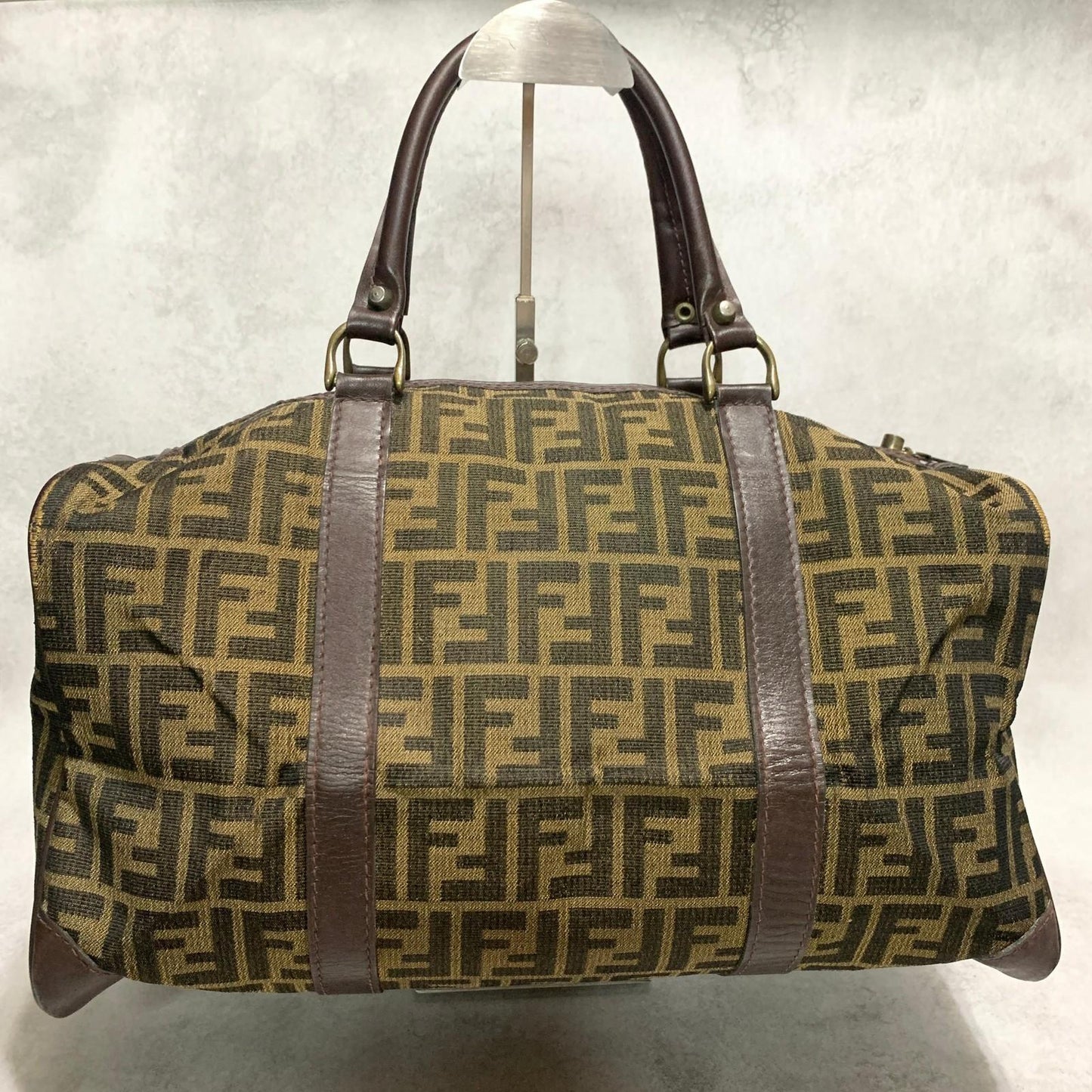 FENDI Boston Bag Zucca Canvas FF Handbag Tote Purse Brown Used Authentic Unisex