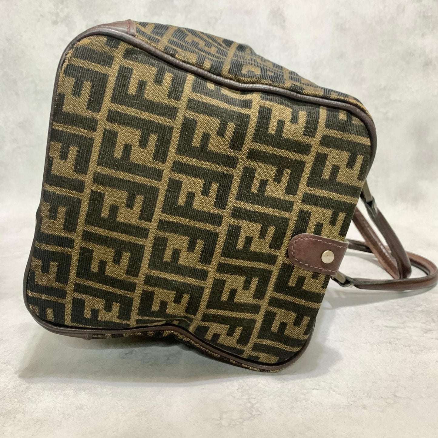 FENDI Boston Bag Zucca Canvas FF Handbag Tote Purse Brown Used Authentic Unisex