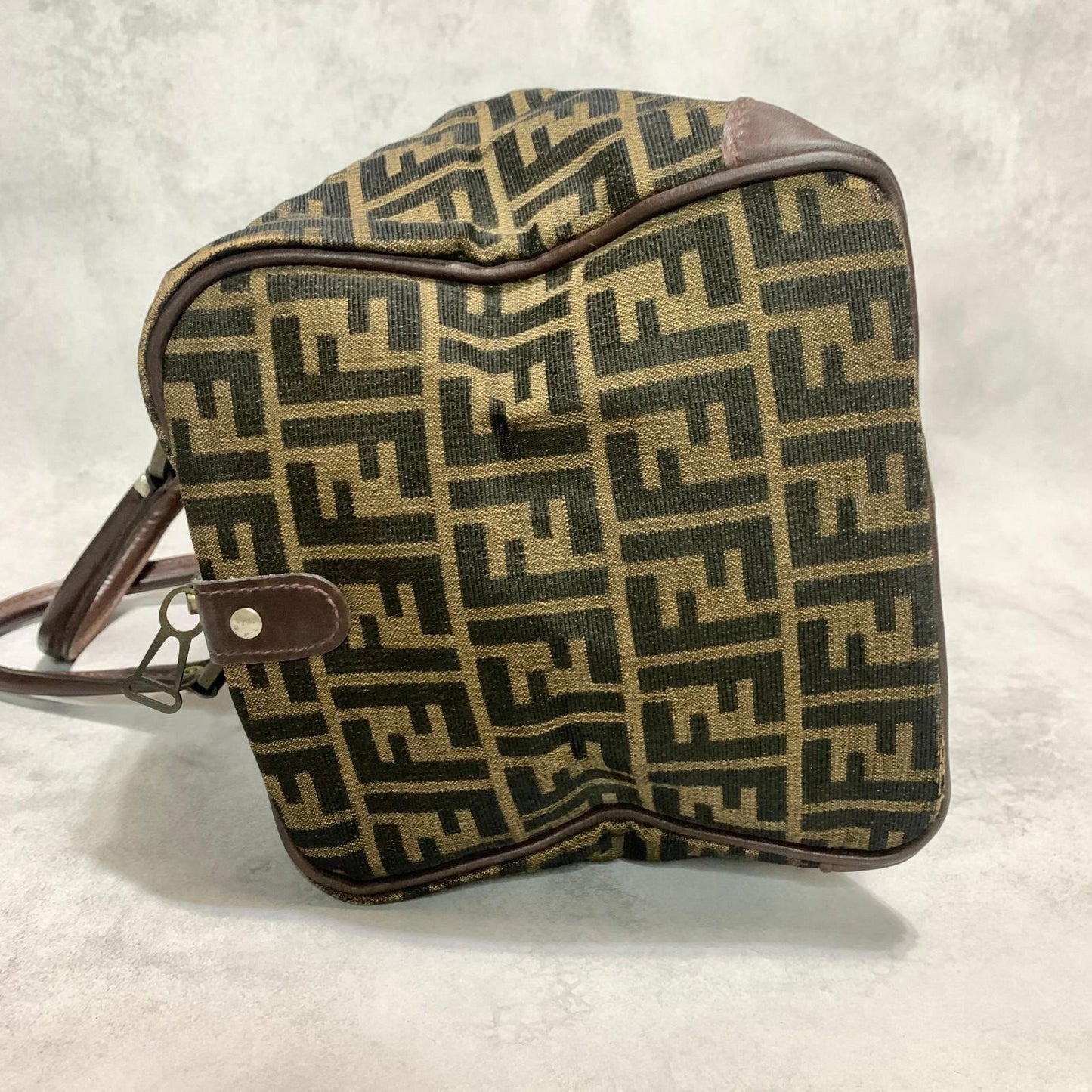 FENDI Boston Bag Zucca Canvas FF Handbag Tote Purse Brown Used Authentic Unisex