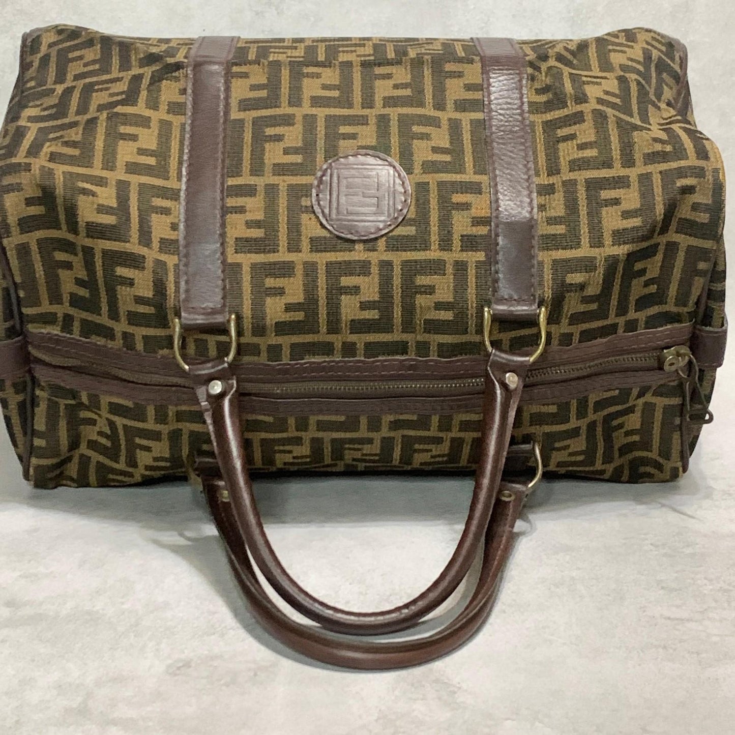 FENDI Boston Bag Zucca Canvas FF Handbag Tote Purse Brown Used Authentic Unisex